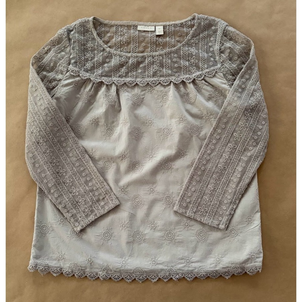 Hinge Grey Embroidered Lace Blouse Womens XS Boho Cottagecore Peasant Feminine